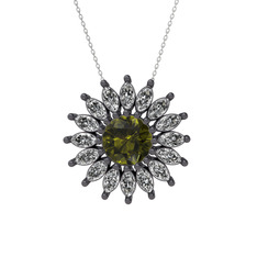 Taşlı Papatya Kolye - Peridot ve swarovski 925 ayar siyah rodyum kaplama gümüş kolye (40 cm beyaz altın rolo zincir) #aaar9u
