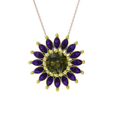 Peridot ve ametist 925 ayar altın kaplama gümüş kolye (40 cm rose altın rolo zincir)