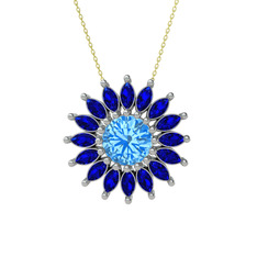 Taşlı Papatya Kolye - Akuamarin ve lab safir 18 ayar beyaz altın kolye (40 cm altın rolo zincir) #ajbt91