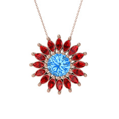 Taşlı Papatya Kolye - Akuamarin ve garnet 14 ayar rose altın kolye (40 cm rose altın rolo zincir) #aliva