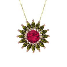 Taşlı Papatya Kolye - Rodolit garnet ve peridot 18 ayar rose altın kolye (40 cm gümüş rolo zincir) #atbk9