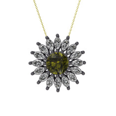 Taşlı Papatya Kolye - Peridot ve swarovski 925 ayar siyah rodyum kaplama gümüş kolye (40 cm gümüş rolo zincir) #b53ey9