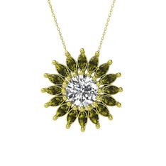 Taşlı Papatya Kolye - Beyaz zirkon ve peridot 8 ayar altın kolye (40 cm gümüş rolo zincir) #b5rwam