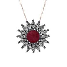 Taşlı Papatya Kolye - Kök yakut ve swarovski 925 ayar siyah rodyum kaplama gümüş kolye (40 cm gümüş rolo zincir) #b8cnf7