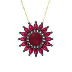 Taşlı Papatya Kolye - Kök yakut ve rodolit garnet 925 ayar siyah rodyum kaplama gümüş kolye (40 cm altın rolo zincir) #b9052