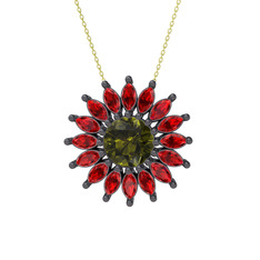 Taşlı Papatya Kolye - Peridot ve garnet 925 ayar siyah rodyum kaplama gümüş kolye (40 cm altın rolo zincir) #bbx2lr