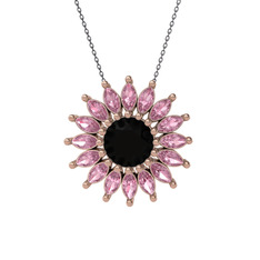 Siyah zirkon ve pembe kuvars 925 ayar rose altın kaplama gümüş kolye (40 cm gümüş rolo zincir)