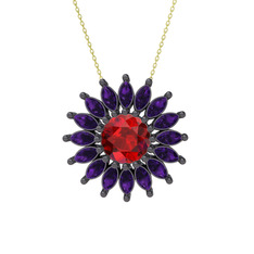 Taşlı Papatya Kolye - Garnet ve ametist 925 ayar siyah rodyum kaplama gümüş kolye (40 cm altın rolo zincir) #bg4cyr
