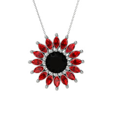 Taşlı Papatya Kolye - Siyah zirkon ve garnet 14 ayar beyaz altın kolye (40 cm beyaz altın rolo zincir) #bh00qr