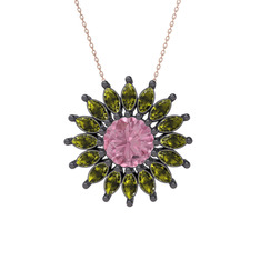 Taşlı Papatya Kolye - Pembe kuvars ve peridot 925 ayar siyah rodyum kaplama gümüş kolye (40 cm rose altın rolo zincir) #bncdh