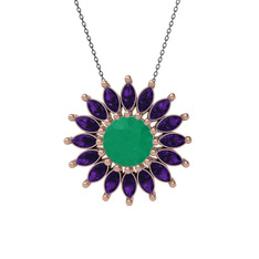 Taşlı Papatya Kolye - Kök zümrüt ve ametist 925 ayar rose altın kaplama gümüş kolye (40 cm gümüş rolo zincir) #box1h