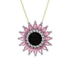 Taşlı Papatya Kolye - Siyah zirkon ve pembe kuvars 925 ayar gümüş kolye (40 cm altın rolo zincir) #by0qre
