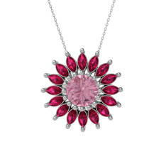 Taşlı Papatya Kolye - Pembe kuvars ve rodolit garnet 18 ayar beyaz altın kolye (40 cm beyaz altın rolo zincir) #cyim3j