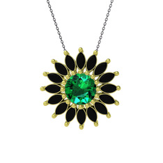 Taşlı Papatya Kolye - Yeşil kuvars ve siyah zirkon 14 ayar altın kolye (40 cm gümüş rolo zincir) #cyomjw