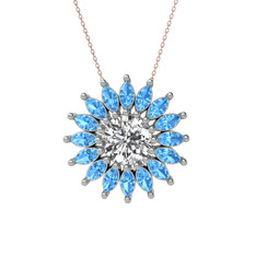 Taşlı Papatya Kolye - Swarovski ve akuamarin 8 ayar beyaz altın kolye (40 cm rose altın rolo zincir) #d07bdo