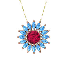 Taşlı Papatya Kolye - Rodolit garnet ve akuamarin 14 ayar rose altın kolye (40 cm altın rolo zincir) #dbsftc