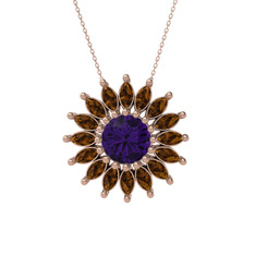 Taşlı Papatya Kolye - Ametist ve dumanlı kuvars 8 ayar rose altın kolye (40 cm rose altın rolo zincir) #decy1p