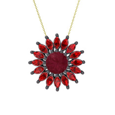 Taşlı Papatya Kolye - Kök yakut ve garnet 925 ayar siyah rodyum kaplama gümüş kolye (40 cm gümüş rolo zincir) #dttde4