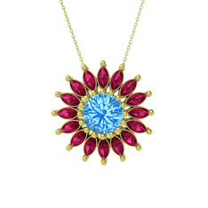 Taşlı Papatya Kolye - Akuamarin ve rodolit garnet 14 ayar altın kolye (40 cm altın rolo zincir) #dv865i