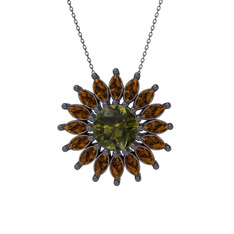 Taşlı Papatya Kolye - Peridot ve dumanlı kuvars 925 ayar siyah rodyum kaplama gümüş kolye (40 cm gümüş rolo zincir) #e6x22i