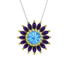 Taşlı Papatya Kolye - Akuamarin ve ametist 18 ayar altın kolye (40 cm beyaz altın rolo zincir) #e8ml50