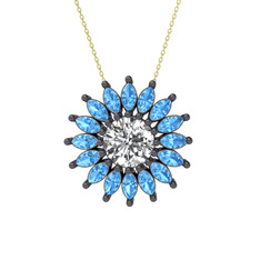 Taşlı Papatya Kolye - Swarovski ve akuamarin 925 ayar siyah rodyum kaplama gümüş kolye (40 cm gümüş rolo zincir) #ea4f7s