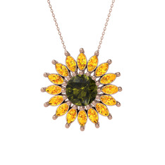 Taşlı Papatya Kolye - Peridot ve sitrin 8 ayar rose altın kolye (40 cm rose altın rolo zincir) #eaw2yl