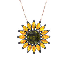 Taşlı Papatya Kolye - Peridot ve sitrin 925 ayar siyah rodyum kaplama gümüş kolye (40 cm rose altın rolo zincir) #edetxj