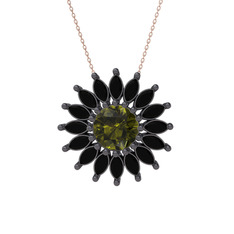 Taşlı Papatya Kolye - Peridot ve siyah zirkon 925 ayar siyah rodyum kaplama gümüş kolye (40 cm rose altın rolo zincir) #eqgrcj