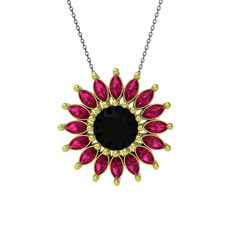 Taşlı Papatya Kolye - Siyah zirkon ve rodolit garnet 925 ayar altın kaplama gümüş kolye (40 cm gümüş rolo zincir) #et5kt8