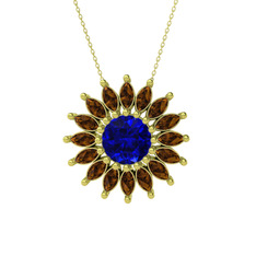 Lab safir ve dumanlı kuvars 18 ayar altın kolye (40 cm gümüş rolo zincir)