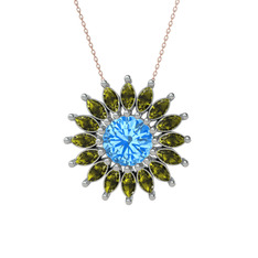Taşlı Papatya Kolye - Akuamarin ve peridot 8 ayar beyaz altın kolye (40 cm rose altın rolo zincir) #f5dyfl