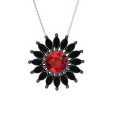 Taşlı Papatya Kolye - Garnet ve siyah zirkon 925 ayar siyah rodyum kaplama gümüş kolye (40 cm rose altın rolo zincir) #g607bx