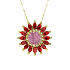 Taşlı Papatya Kolye - Pembe kuvars ve garnet 18 ayar altın kolye (40 cm altın rolo zincir) #gi5sn8