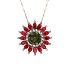 Peridot ve garnet 14 ayar beyaz altın kolye (40 cm gümüş rolo zincir)