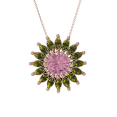 Taşlı Papatya Kolye - Pembe kuvars ve peridot 8 ayar rose altın kolye (40 cm rose altın rolo zincir) #h58o44