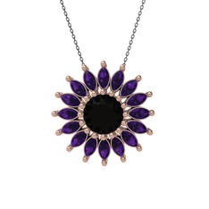 Taşlı Papatya Kolye - Siyah zirkon ve ametist 18 ayar rose altın kolye (40 cm gümüş rolo zincir) #hepoyk