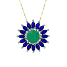 Taşlı Papatya Kolye - Kök zümrüt ve lab safir 18 ayar beyaz altın kolye (40 cm gümüş rolo zincir) #hi9cf0