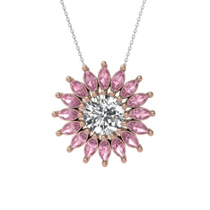 Swarovski ve pembe kuvars 14 ayar rose altın kolye (40 cm beyaz altın rolo zincir)
