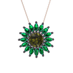Taşlı Papatya Kolye - Peridot ve yeşil kuvars 925 ayar siyah rodyum kaplama gümüş kolye (40 cm rose altın rolo zincir) #hp1w82
