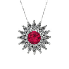 Taşlı Papatya Kolye - Rodolit garnet ve beyaz zirkon 8 ayar beyaz altın kolye (40 cm beyaz altın rolo zincir) #hs4gtn