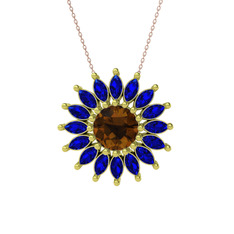 Taşlı Papatya Kolye - Dumanlı kuvars ve lab safir 8 ayar altın kolye (40 cm rose altın rolo zincir) #i5pnfy