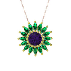 Taşlı Papatya Kolye - Ametist ve yeşil kuvars 14 ayar altın kolye (40 cm rose altın rolo zincir) #i72kn2