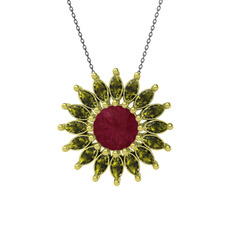 Taşlı Papatya Kolye - Kök yakut ve peridot 14 ayar altın kolye (40 cm gümüş rolo zincir) #i7vnca