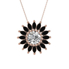 Taşlı Papatya Kolye - Swarovski ve siyah zirkon 8 ayar rose altın kolye (40 cm rose altın rolo zincir) #i8dsif