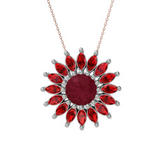 Kök yakut ve garnet 18 ayar beyaz altın kolye (40 cm rose altın rolo zincir)