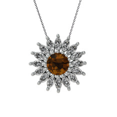 Taşlı Papatya Kolye - Dumanlı kuvars ve beyaz zirkon 925 ayar gümüş kolye (40 cm gümüş rolo zincir) #ijmzp6