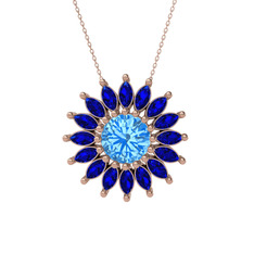 Taşlı Papatya Kolye - Akuamarin ve lab safir 18 ayar rose altın kolye (40 cm rose altın rolo zincir) #ioqrl3