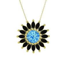 Akuamarin ve siyah zirkon 18 ayar altın kolye (40 cm gümüş rolo zincir)