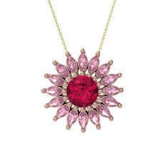 Taşlı Papatya Kolye - Rodolit garnet ve pembe kuvars 18 ayar rose altın kolye (40 cm altın rolo zincir) #jdb3ow